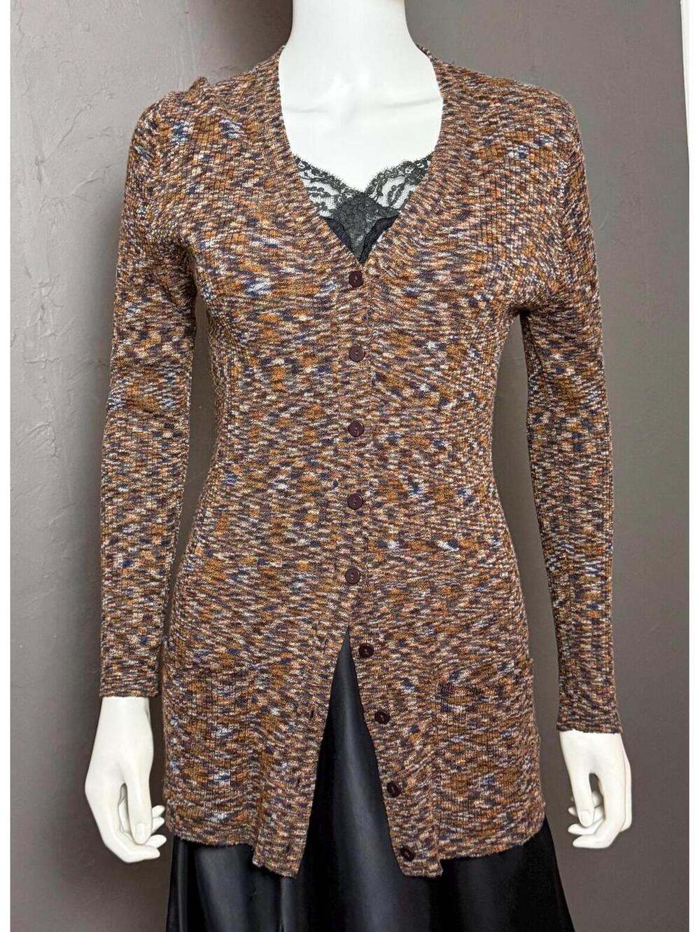 1990's does 1970's Brown Space Dye Cardigan Extra Long Ribbed Slim Fit Top
